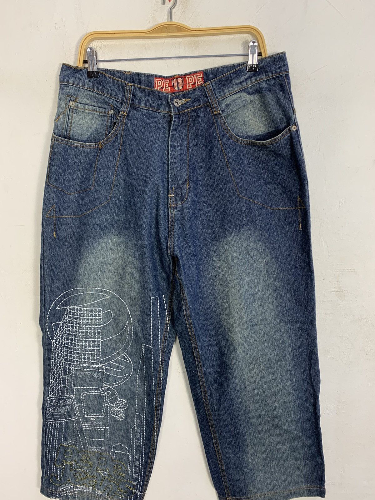 Pepe Jeans Pepe Art Indigo Embroidery Stitching Baggy Straight Cut Size US 35 - 3 Thumbnail