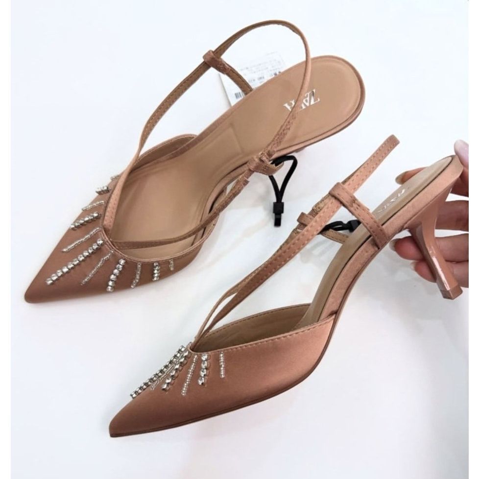 Zara ZARA Beige Rhinestone Slingback Heels NWT Size US 7.5 / IT 37.5 - 6 Thumbnail