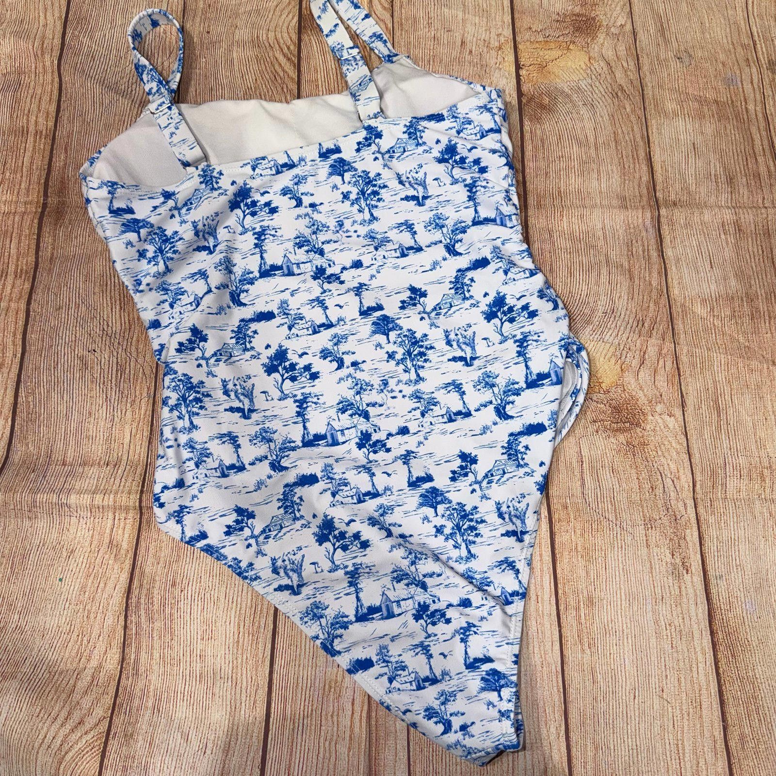 Other Blue and White Toile Print One-Piece Swimsuit, Women's Large Size ONE SIZE - 7 Thumbnail