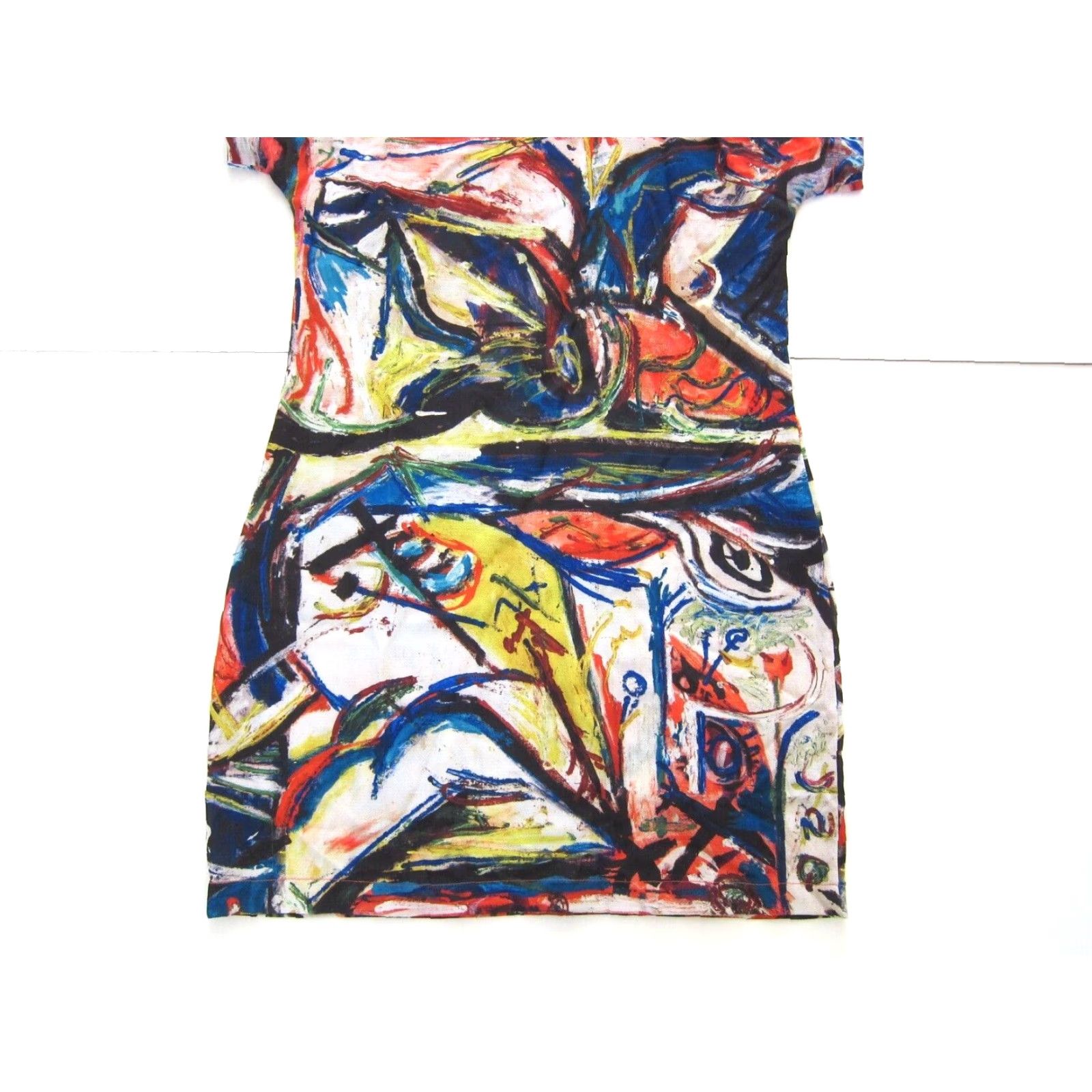 Denim & Co. VINTAGE Saia Com Arte Orange Blue Yellow Painted Art Short Sleeve Tunic Dress S-M Size 28" / US 6 / IT 42 - 7 Thumbnail