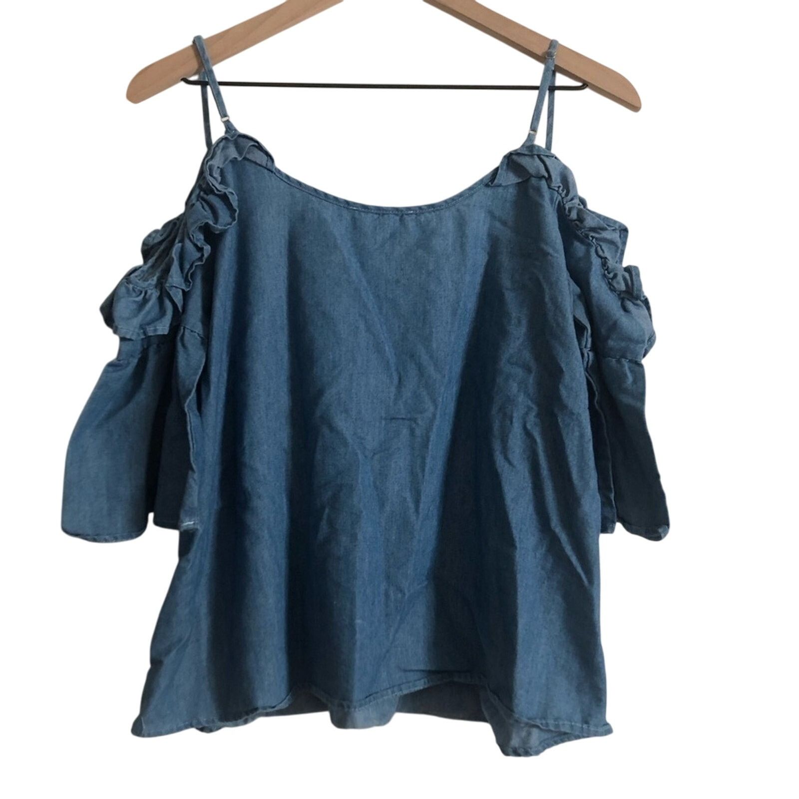 Anthropologie Blue Chambray Soft Denim Cold Shoulder Ruffle Blouse Top Size S / US 4 / IT 40 - 4 Thumbnail