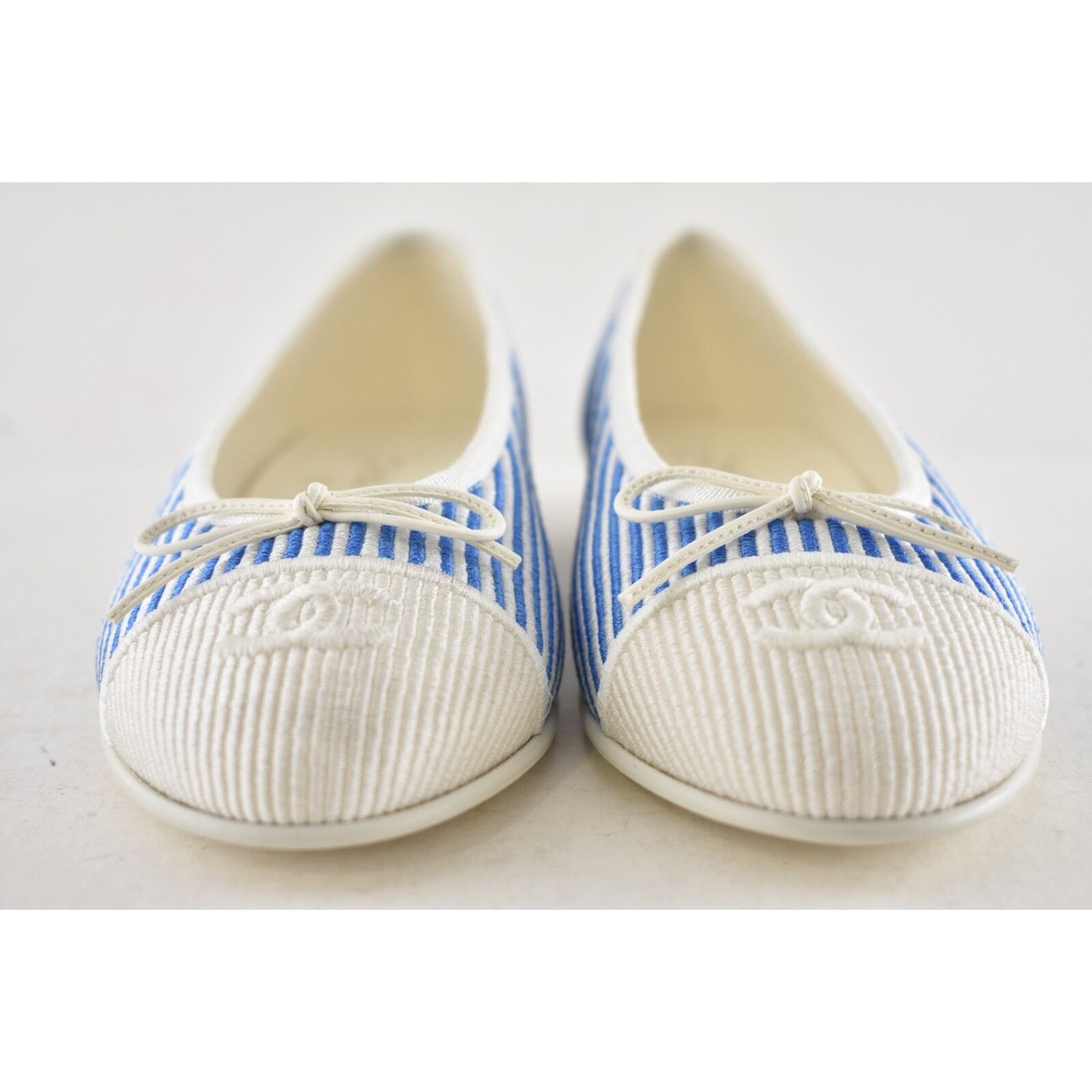 Chanel Chanel 24S Blue White Pinstripe Stripe CC Logo Bow Ballet Size US 7.5 / IT 37.5 - 8 Thumbnail