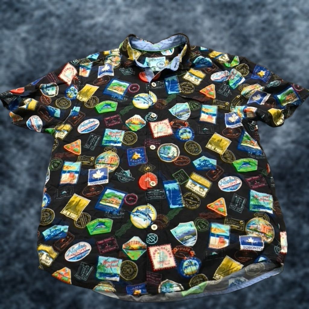 Tommy Bahama Tommy Bahama Shirt Mens Medium Black Passport Stamp Destination Camp Travel | Button-Up | Beach Theme | Casual Travel Shirt Mens M Black Size US M / EU 48-50 / 2 - 1 Thumbnail