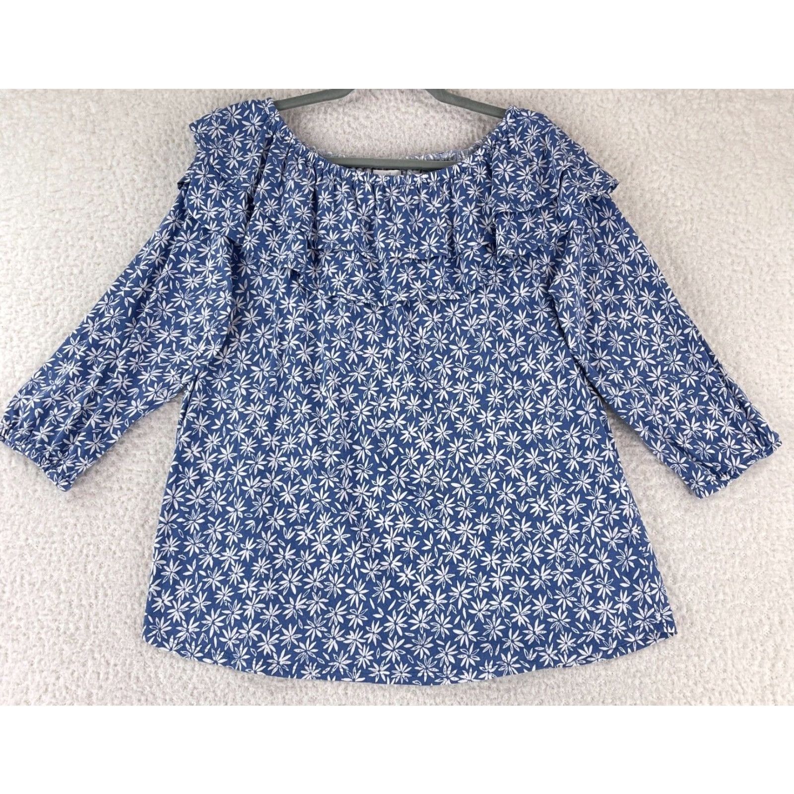J. Jill J. Jill Shirt Womens Large Blue Floral Print Off the Shoulder Long Sleeve Casual Size L / US 10 / IT 46 - 2 Thumbnail