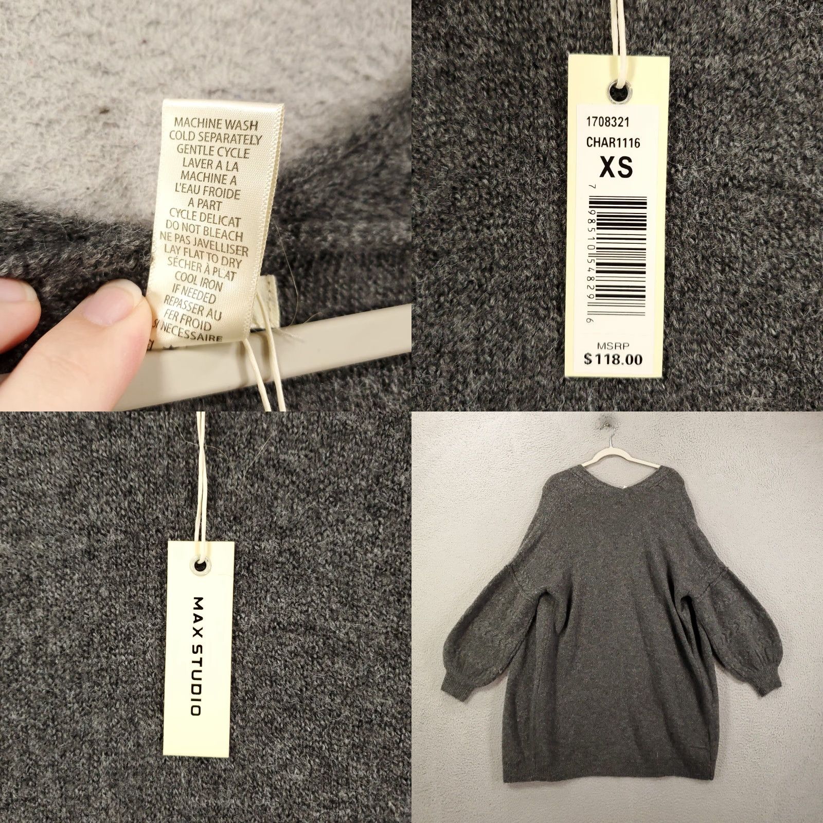 Vintage Max Studio Cardigan XS Gray Womens Oversized Open Front Balloon Sleeve NWT Size XS / US 0-2 / IT 36-38 - 8 Thumbnail