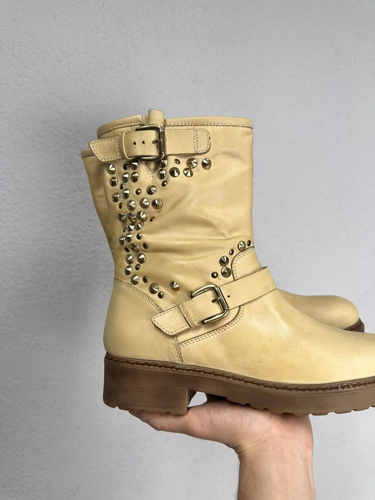 Genuine Leather Beige leather studded noto AS 98 rock boots Hedi Slimane Size US 9 / IT 39 - 3 Thumbnail