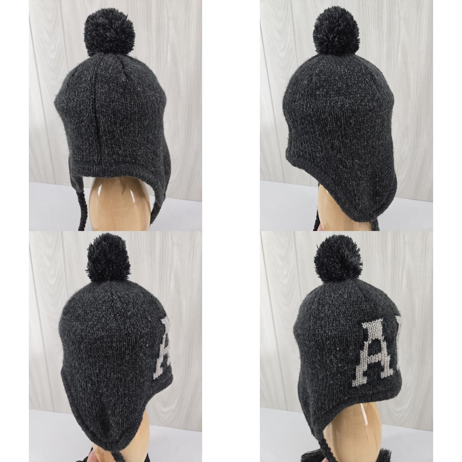 American Eagle Outfitters Y2K American Eagle AE Knit Beanie Hat Pom Pom Tassels Trapper Style Black Gray Unisex Adults One Size Beanie Winter Fall Logo Embroidered Tassled Size ONE SIZE - 8 Thumbnail
