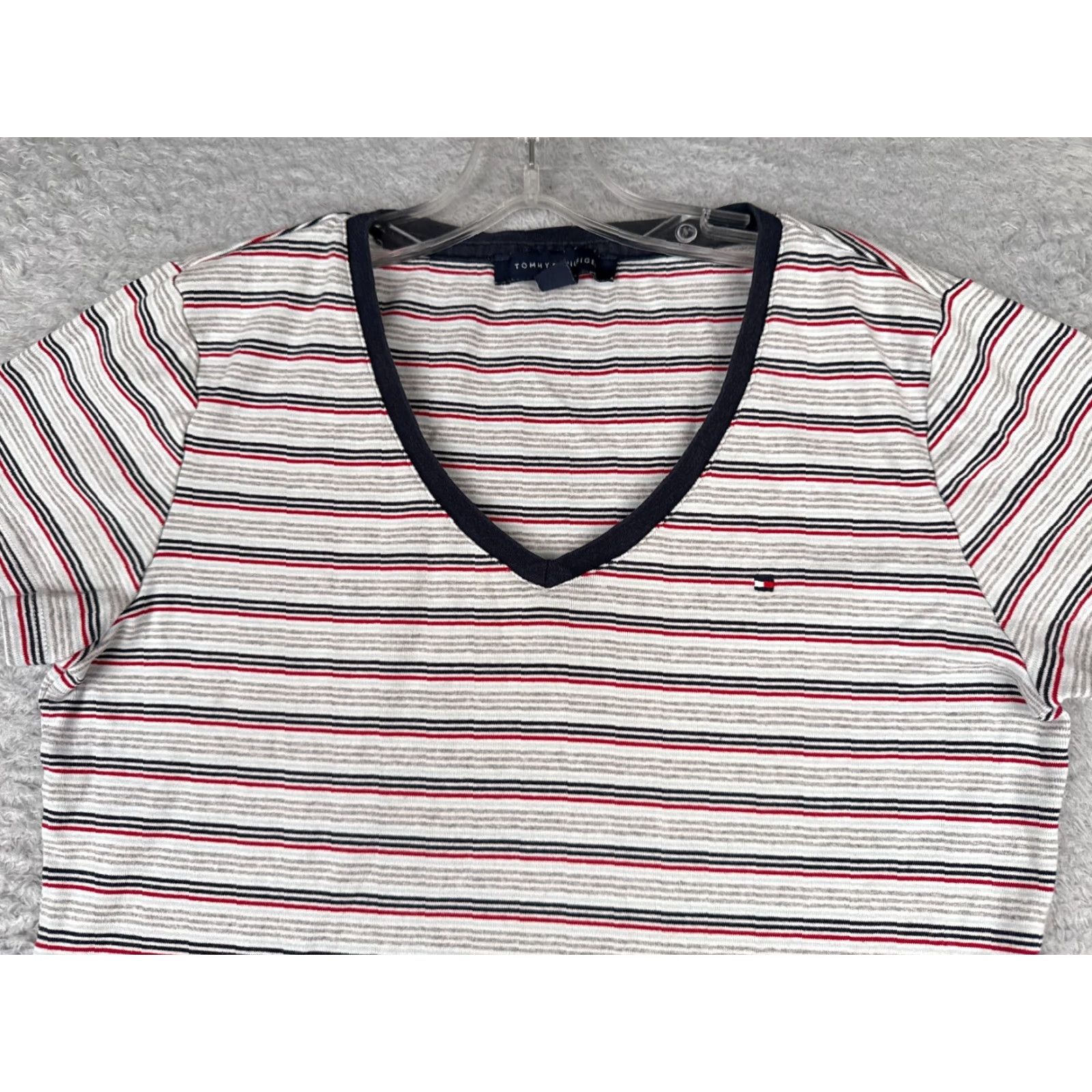 Tommy Hilfiger Tommy Hilfiger Shirt Women L Gray Red Stripe V-Neck Short Sleeve Cotton Size L / US 10 / IT 46 - 4 Thumbnail