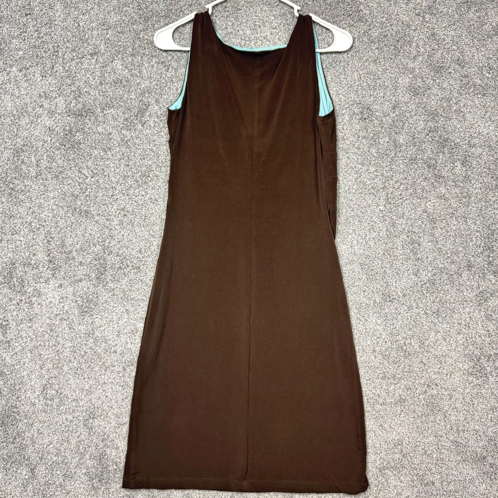 Vintage VINTAGE B. MOSS Dress Sheath 2 Women Brown Sleeveless V-Neck 39in Knee Length Polyester Jersey Party/Cocktail Brown Turquoise Contrast Interior Y2K Size XS / US 0-2 / IT 36-38 - 6 Thumbnail