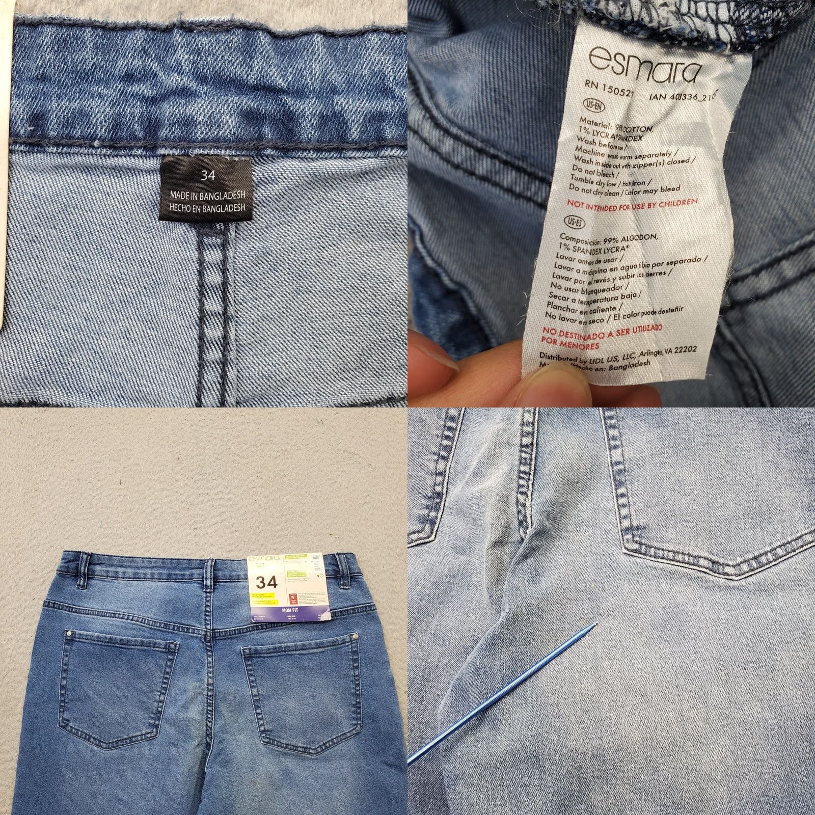 Vintage ESMARA Jeans Womens Size 34 Blue Denim Stretch Mom Fit High Rise Straight Leg Jeans Size 24" / US 00 / IT 34 - 8 Thumbnail