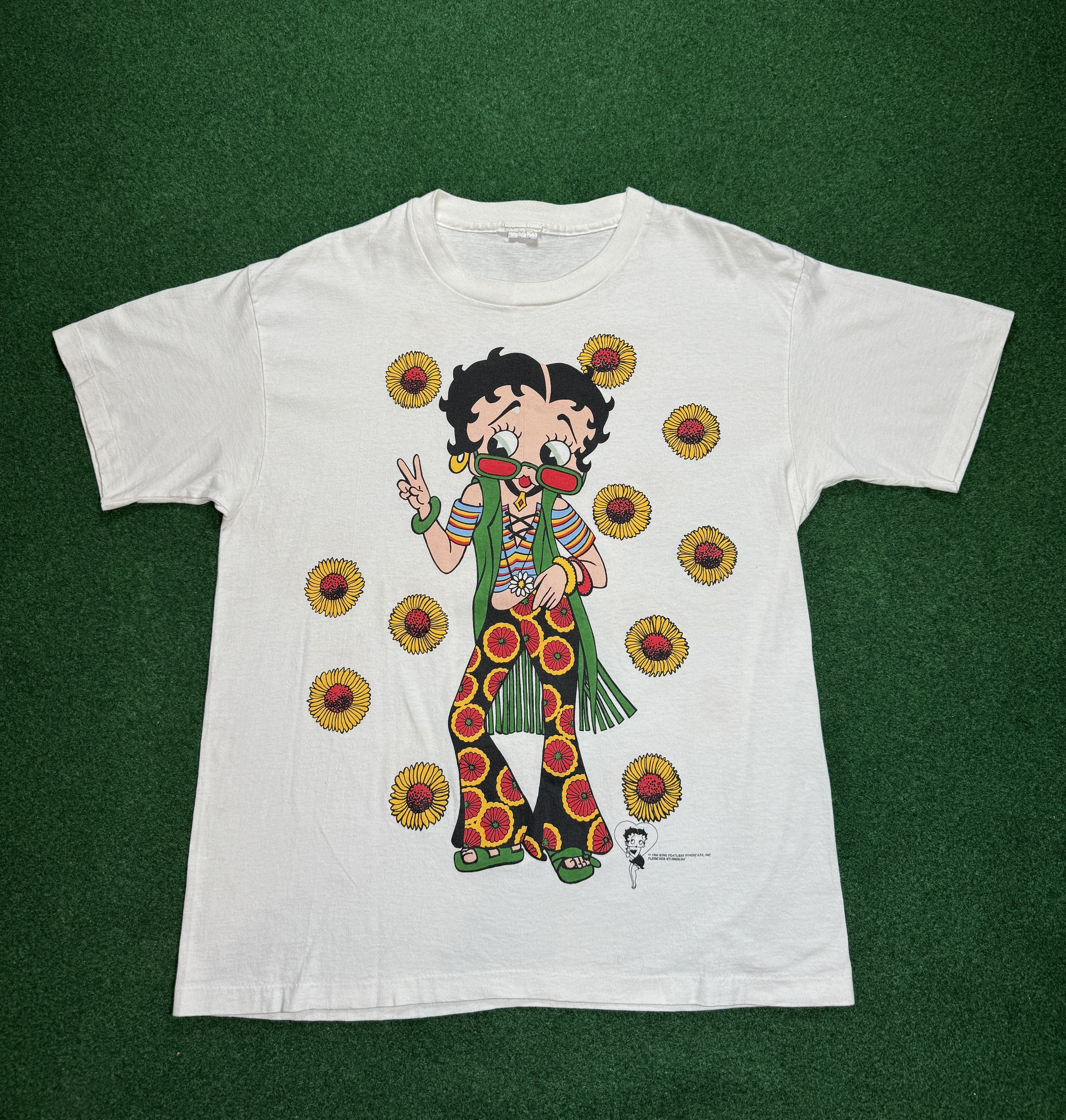 image of Changes x Vintage VTG 90's Betty Boop Hippie Flower Child Double Sided T Shirt in White (Size XL)