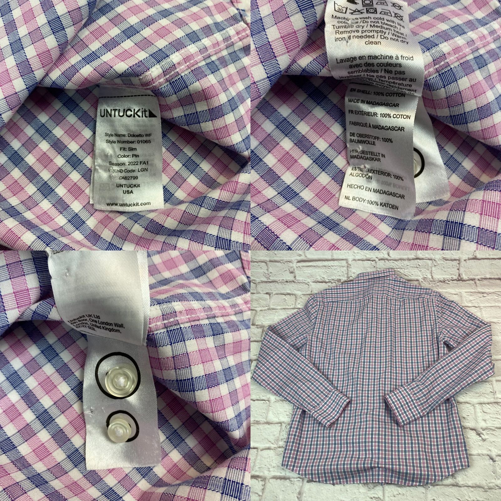 UNTUCKit UNTUCKit Button-Up Shirt Mens M Check Wrinkle Free Slim Fit Cotton Dolcetto Pink Blue White Size US M / EU 48-50 / 2 - 8 Thumbnail