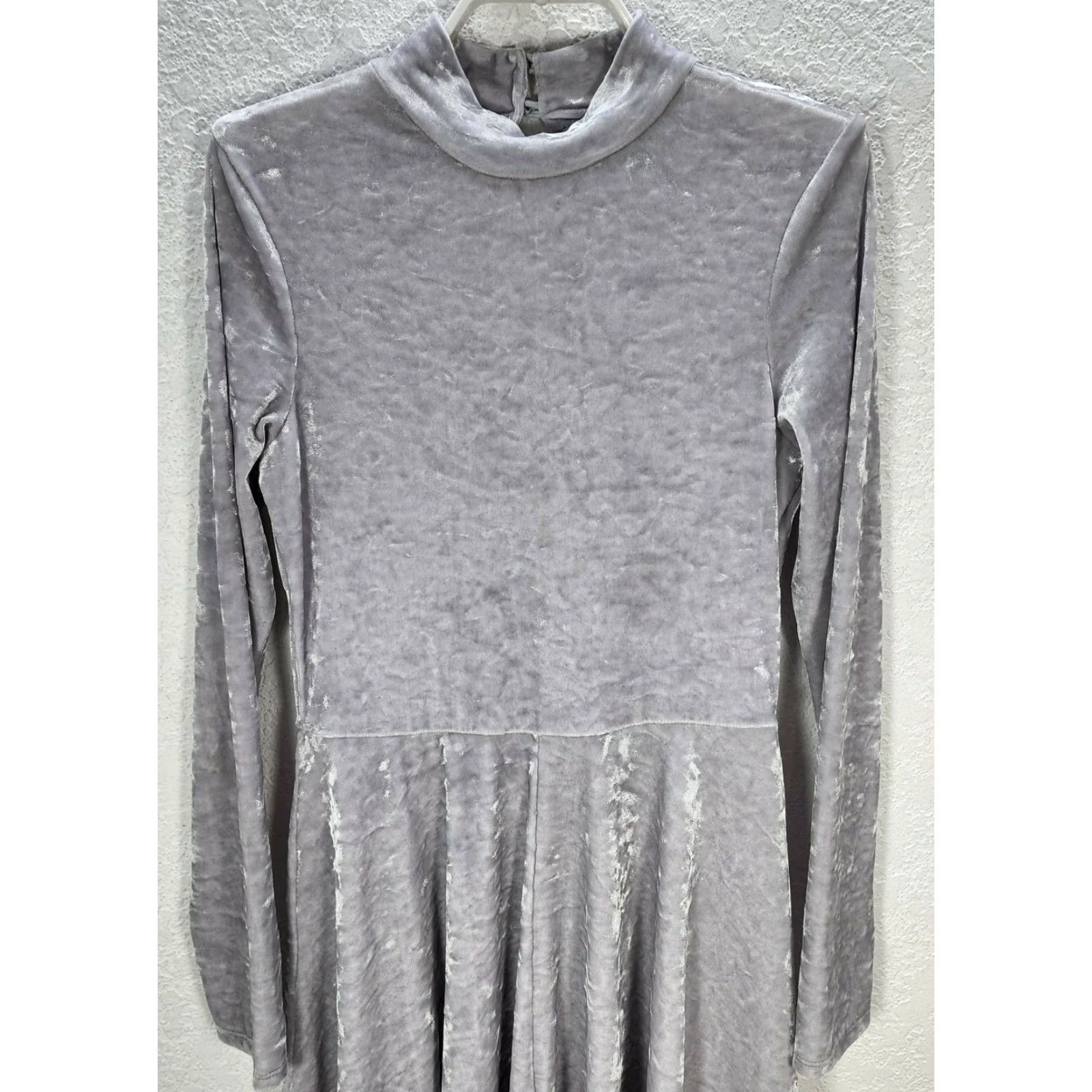 Velour Soprano Women's Mock Neck Long Sleeve Grey Velour Knee Dress Sz S - Midi, A-Line, Fit & Flare, Polyester, Regular, Gray Size S / US 4 / IT 40 - 3 Thumbnail