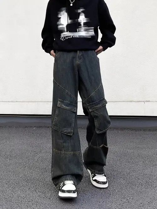 VIBE vintage washed distressed patchwork multi-pocket work jeans Size US 32 / EU 48 - 4 Thumbnail