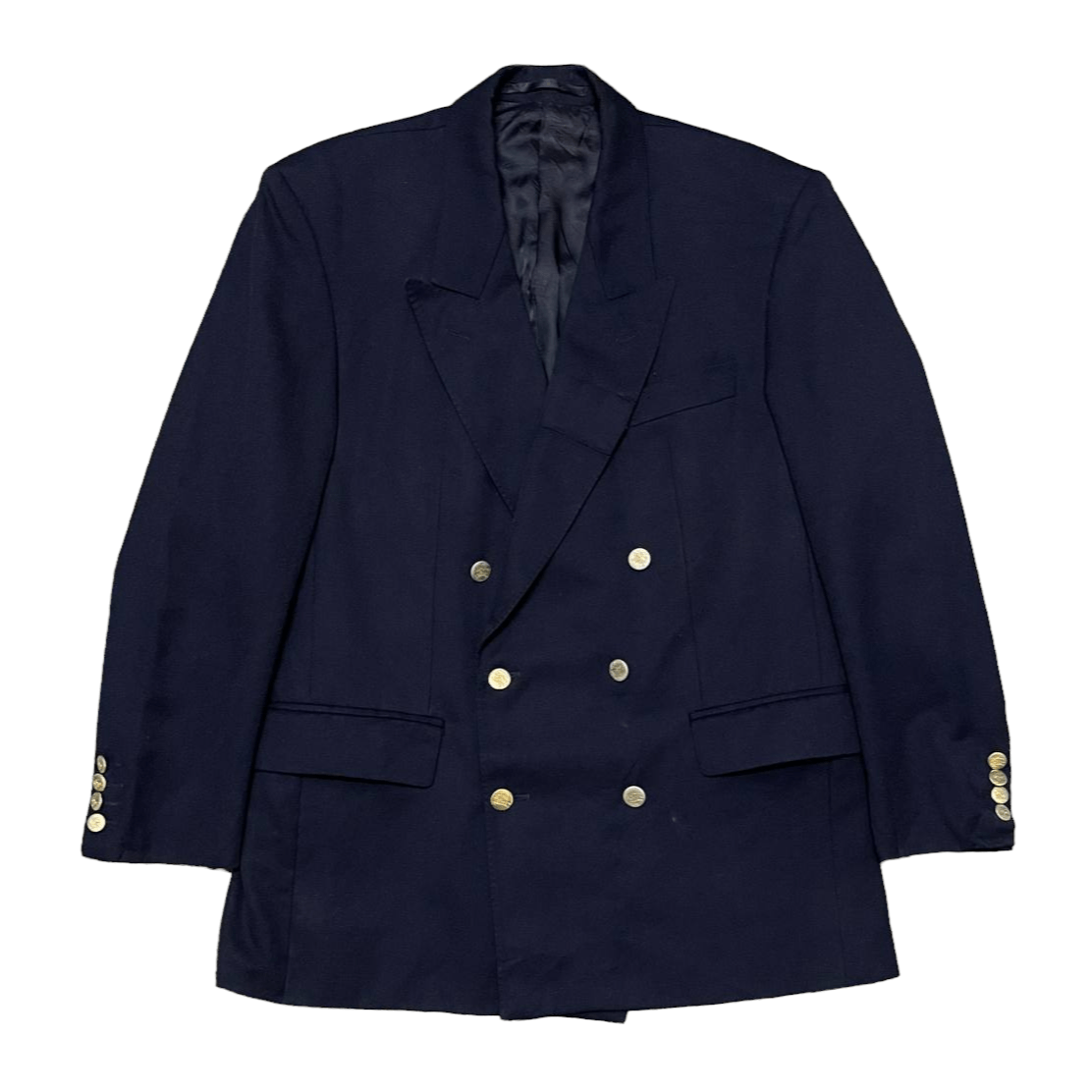 image of Vintage Burberry Gold Button Double Breasted Wool Coat in Navy, Men's (Size Large)