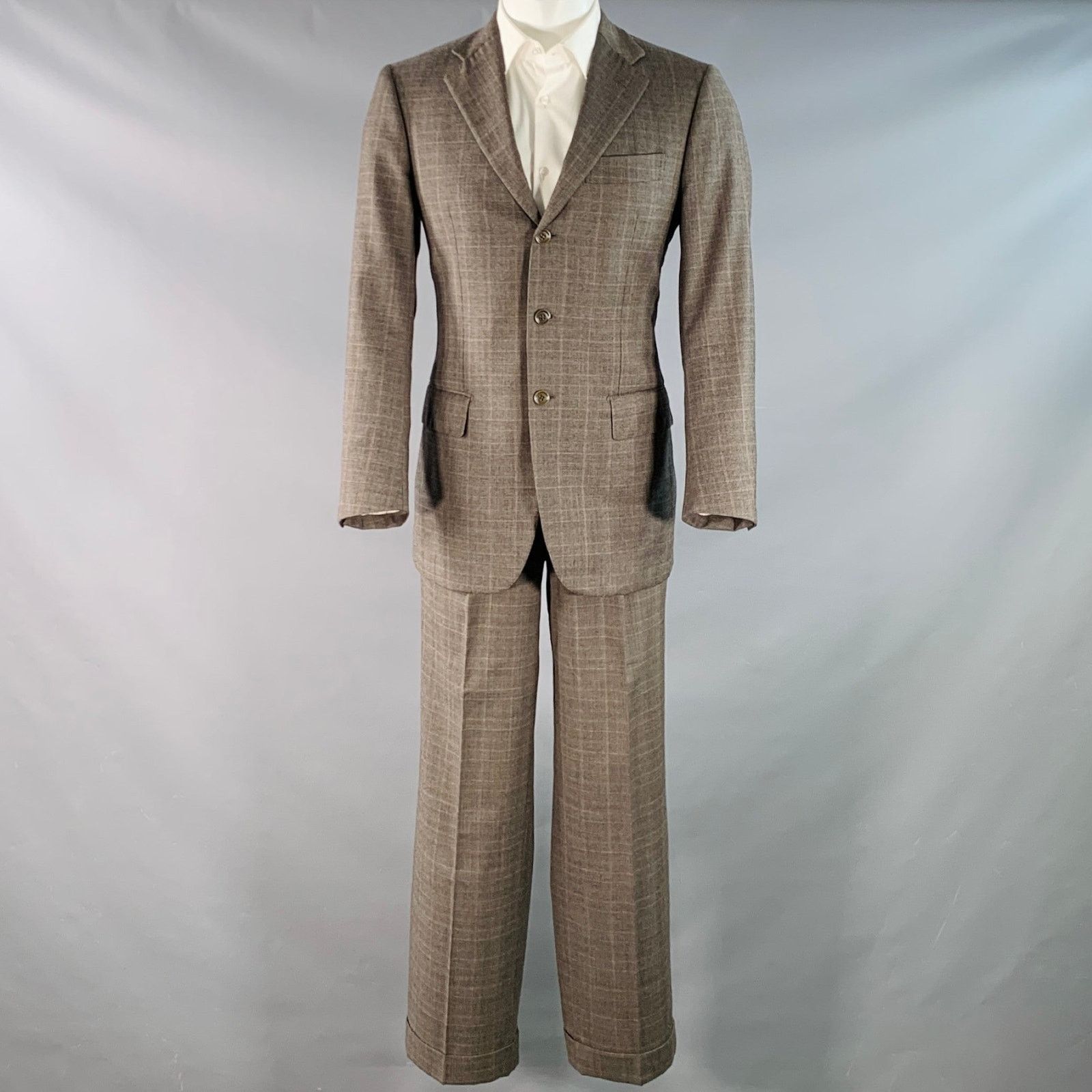 Luciano Barbera LUCIANO BARBERA 38 Brown Plaid Wool Notch Lapel Pleated Suit Size 38R - 2 Thumbnail