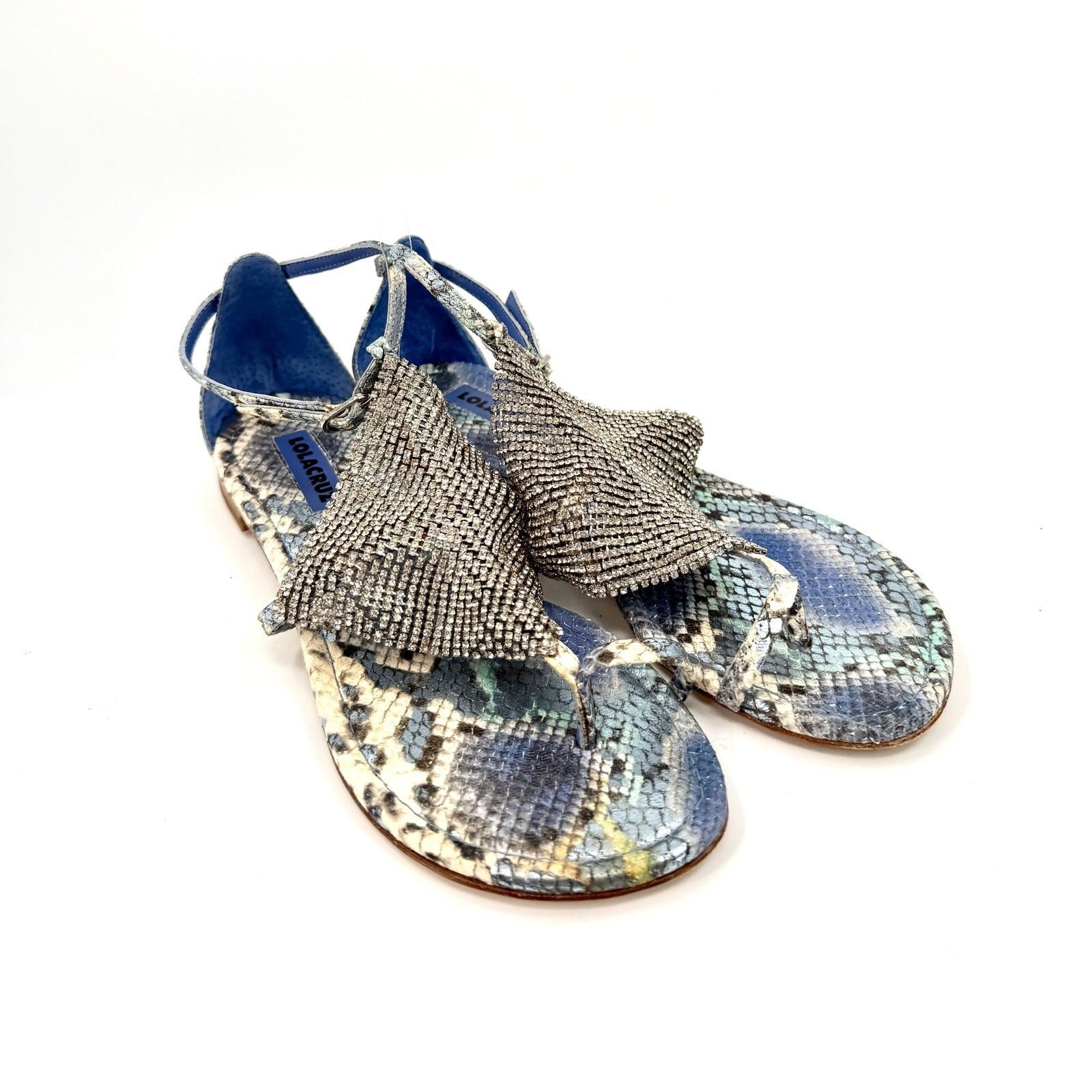 Lola Cruz Blue Genuine Leather Snakeskin Thong Sandals, Women's (Size 7)