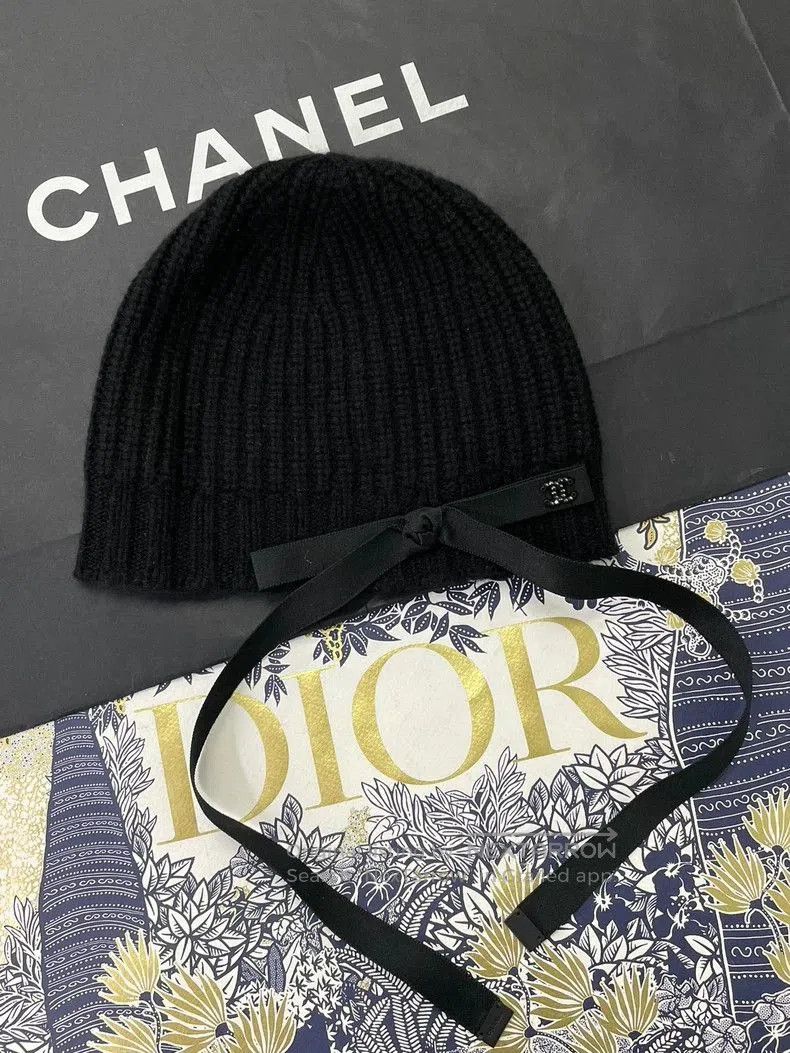 Chanel Black CC Crystal Bow Knit Hat.