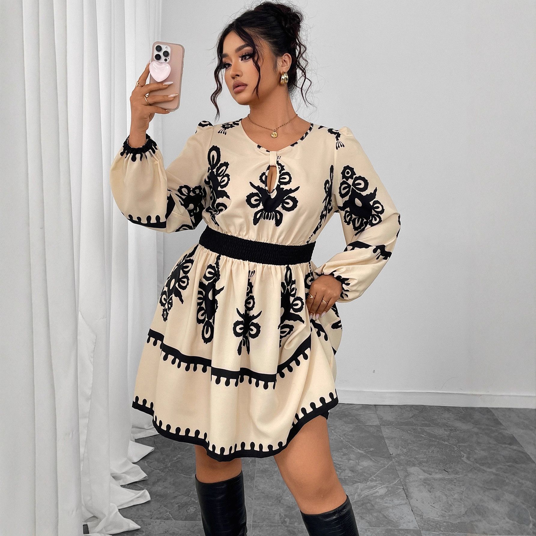 Other Fashion Round Neck Puff Sleeve Printing Dress Women Size XXL / US 16-18 / IT 52-54 - 4 Thumbnail