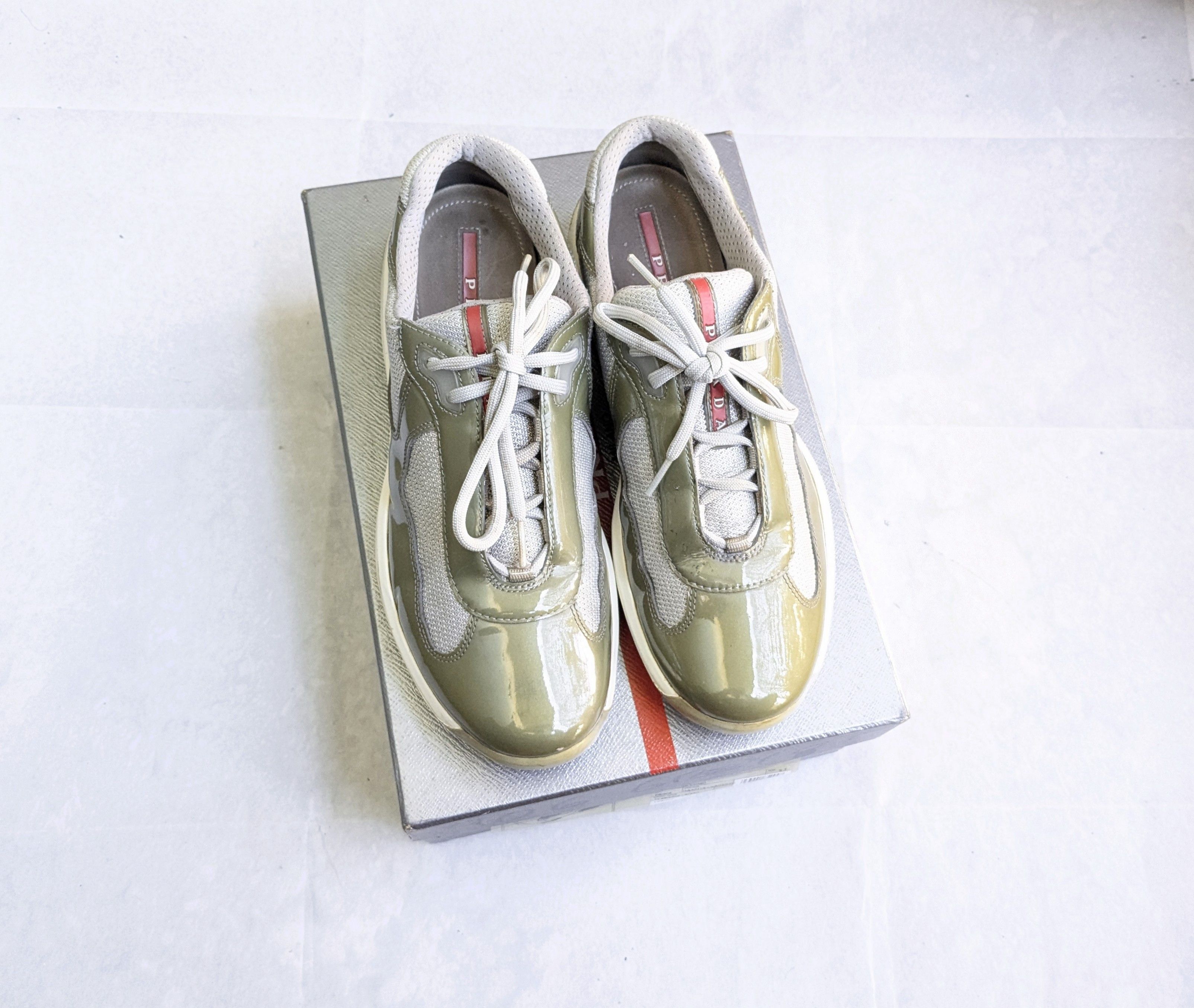 Prada America's Cup Olive Green 9.5 Low Top Patent Leather
