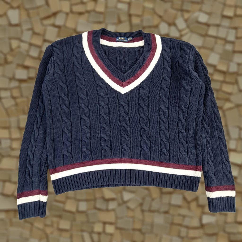 Polo Ralph Lauren Polo Ralph Lauren Jumper Womens XL Navy Blue Cable Knit V-Neck 100% Cotton Preppy 90s Classic Pullover Mens Womens Girls Size XL / US 12-14 / IT 48-50 - 1 Thumbnail
