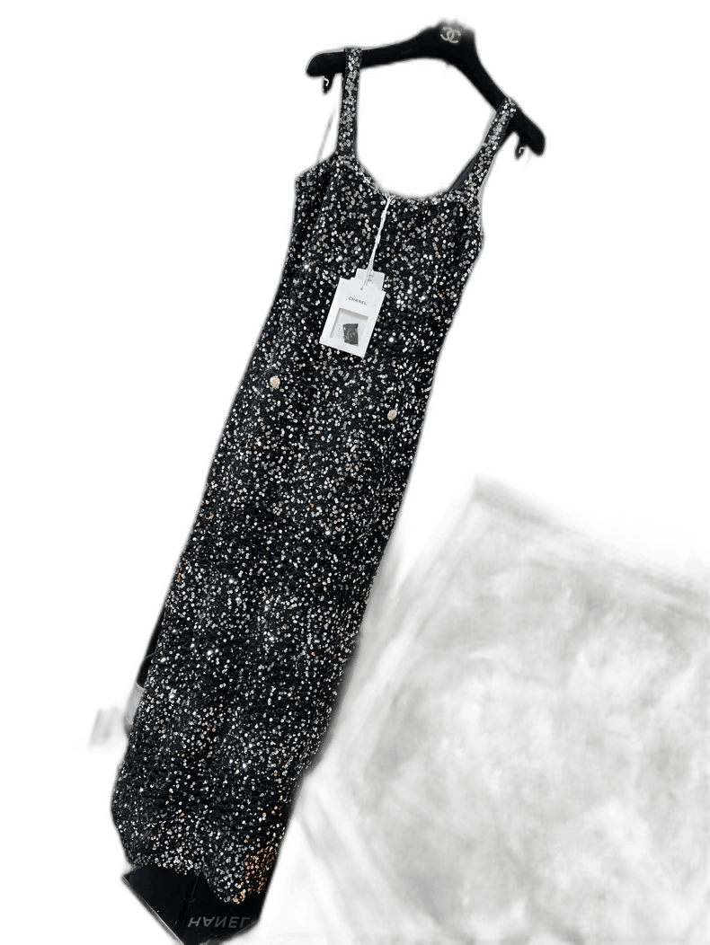 Chanel 23C Black Sequin Sling Dress