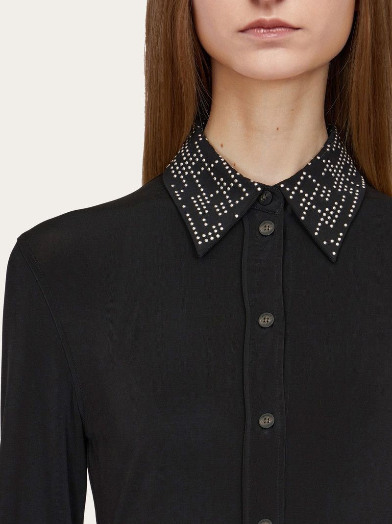 Salvatore Ferragamo o1s1rm0126 Studded Collar Jersey Shirt in Black Size S / US 4 / IT 40 - 4 Thumbnail