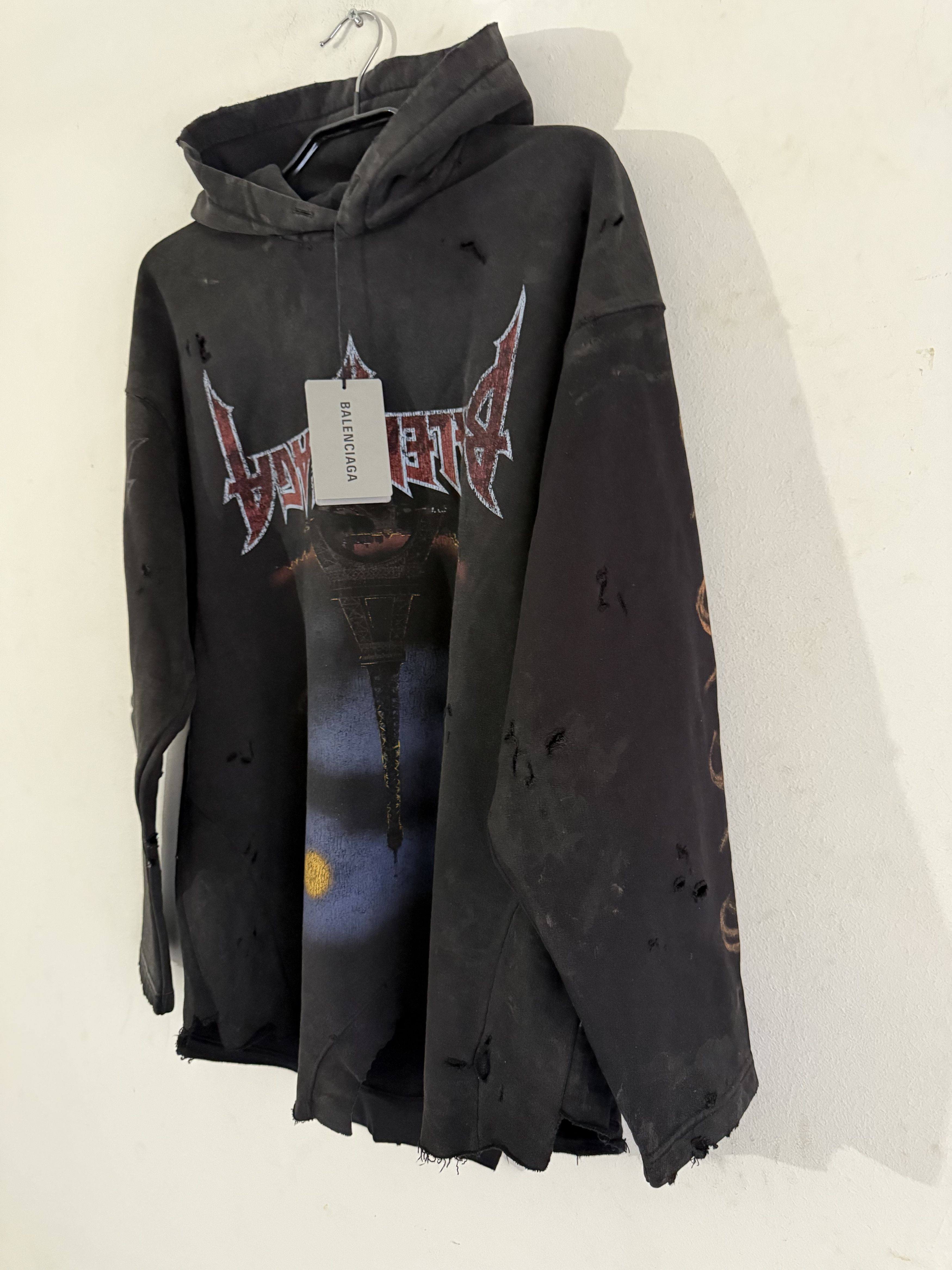 Balenciaga Oversized Distressed Printed Cotton-Jersey Hoodie Size US S / EU 44-46 / 1 - 5 Thumbnail
