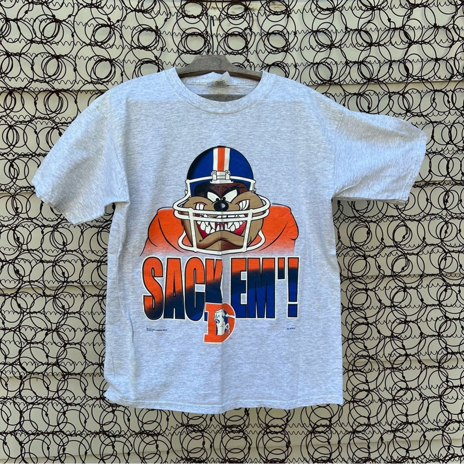 image of Vintage 1996 Denver Broncos Taz Manian Devil Nfl Short Sleeve Tshirt in Grey, Men's (Size XL)