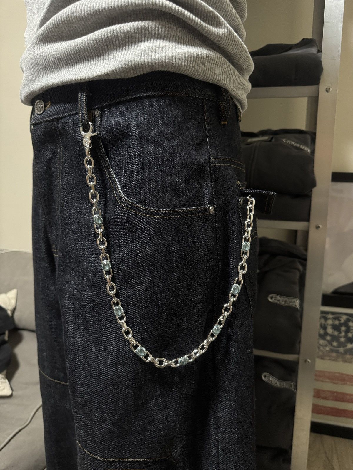 Jewelry Silver Wallet Chain Light Blue Stone 22" Size ONE SIZE - 2 Thumbnail