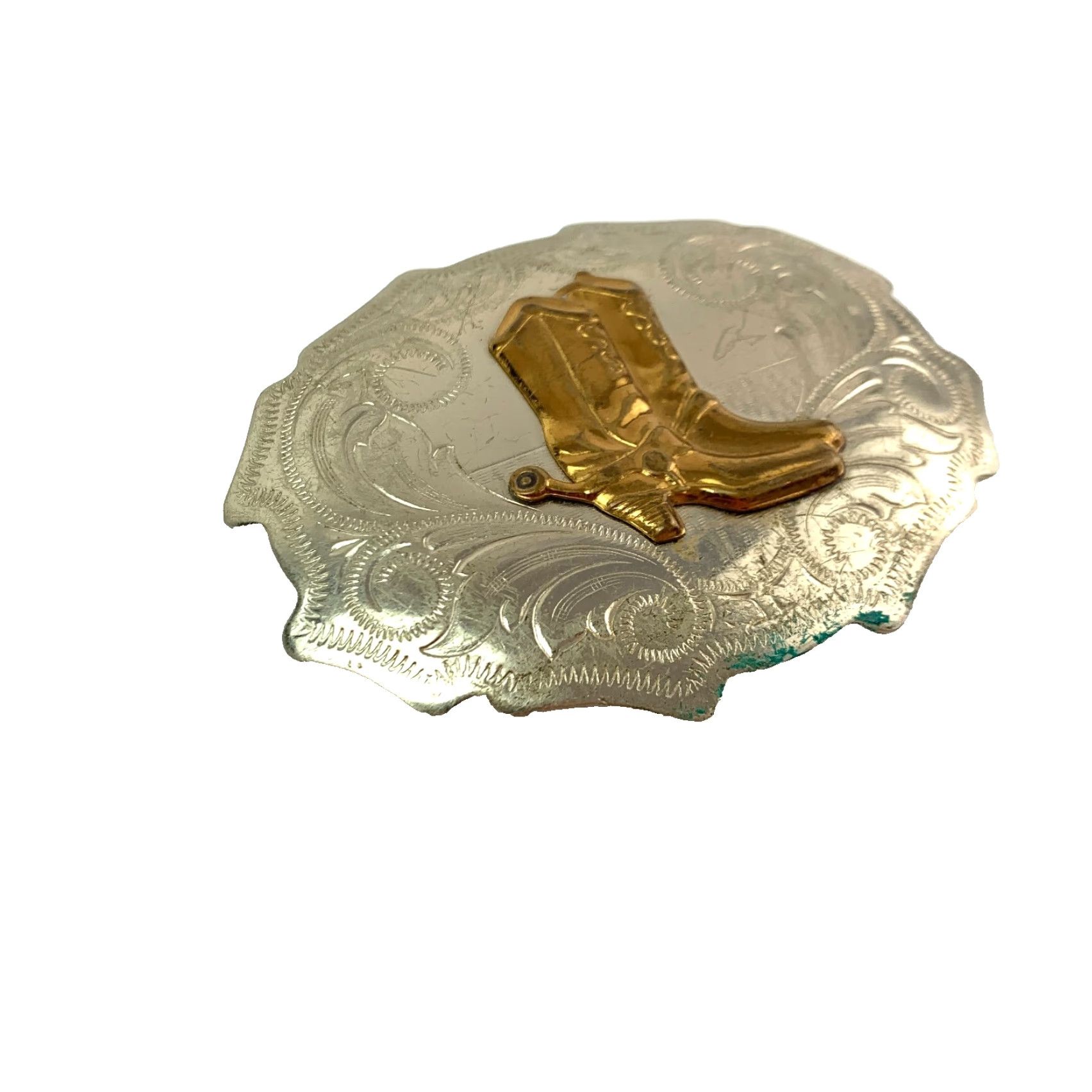 Vintage VINTAGE Nickel Silver Two Tone Boots Etched Metal Belt Buckle Belt Buckle Mens Western Buckle, Metal, Etched, Vintage, Unbranded, Size Unknown Size ONE SIZE - 3 Thumbnail