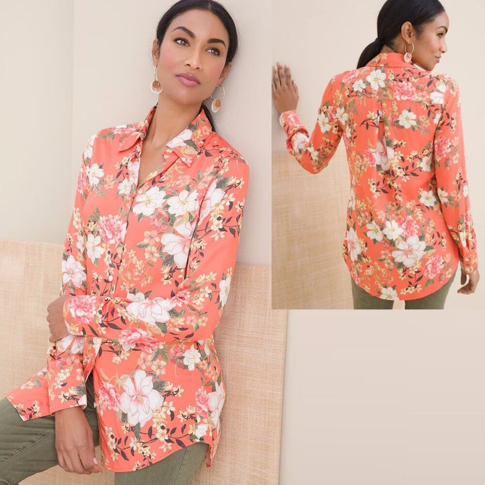 Chicos NWT New Chico's Sandwashed Satin Floral Print Shirt Size 2 Size L / US 10 / IT 46 - 1 Thumbnail
