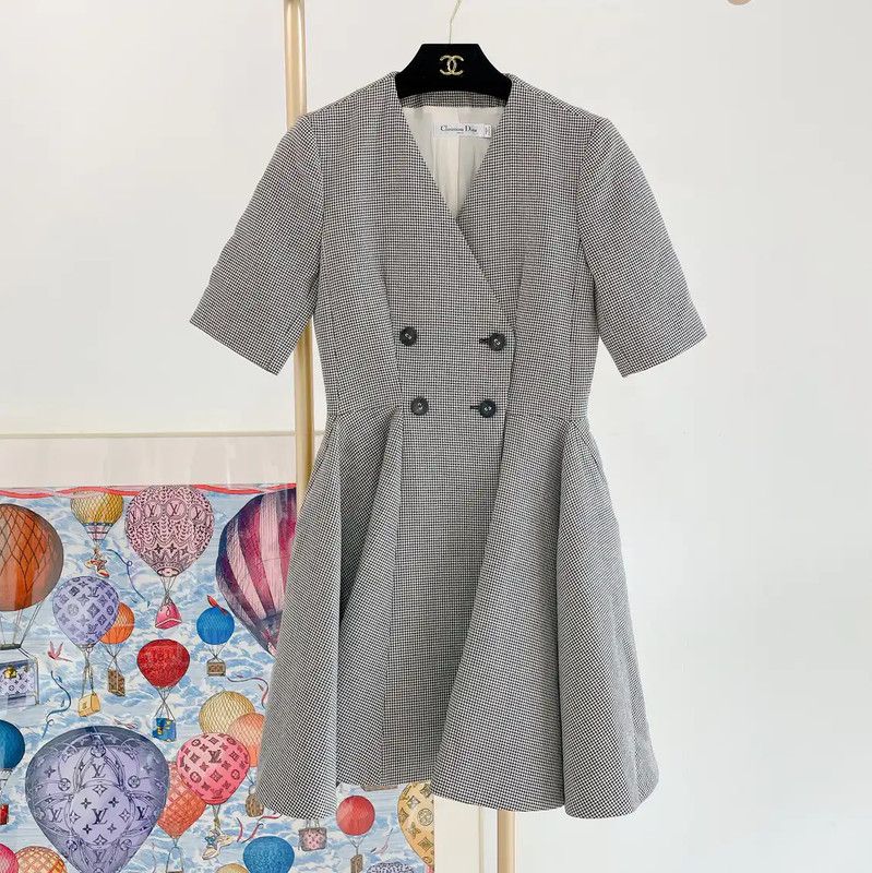 Dior Dior Grey Wool Check Short Sleeve Dress 0089 Size S / US 4 / IT 40 - 1 Thumbnail
