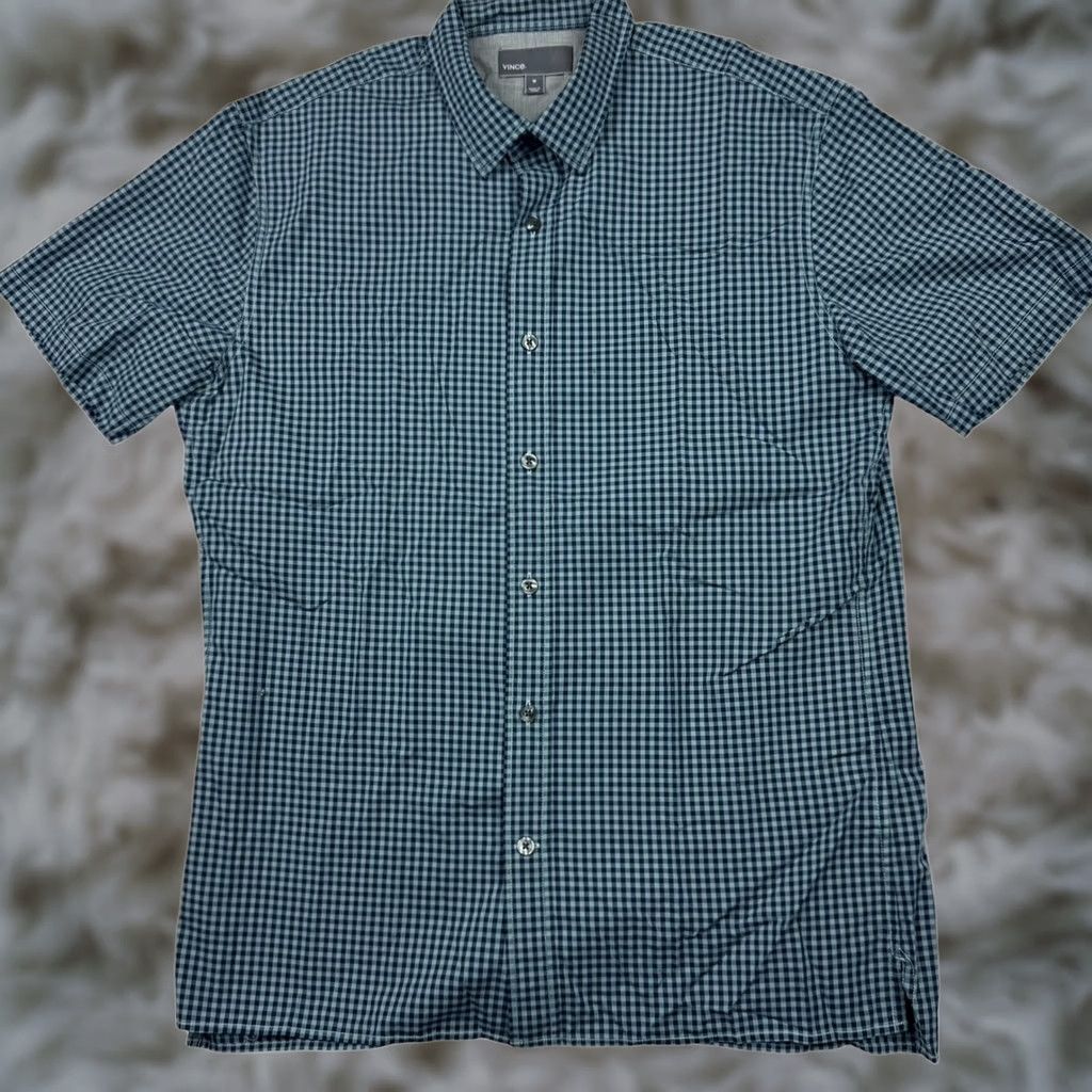 Vince Vince Men’s Cotton Button Shirt Blue/Black Checked Medum Shirt Regular M Blue Check Short Sleeve Collared Button-Up Mens Size US M / EU 48-50 / 2 - 1 Thumbnail