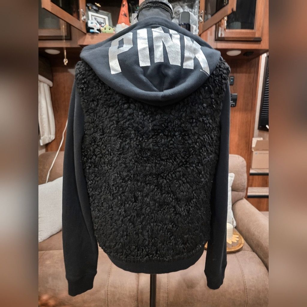 Pink PINK Victoria's Secret Black Sherpa Hoodie Silver Lettering Size M / US 6-8 / IT 42-44 - 4 Thumbnail