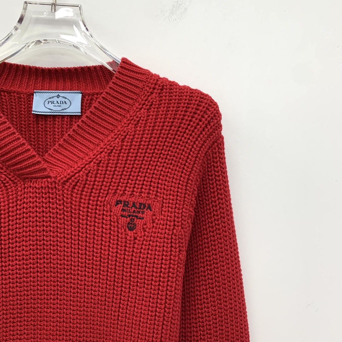 Prada Prada 22 Red Logo Monogram Embroidered Cotton V-Neck Sweater Size XS / US 0-2 / IT 36-38 - 3 Thumbnail