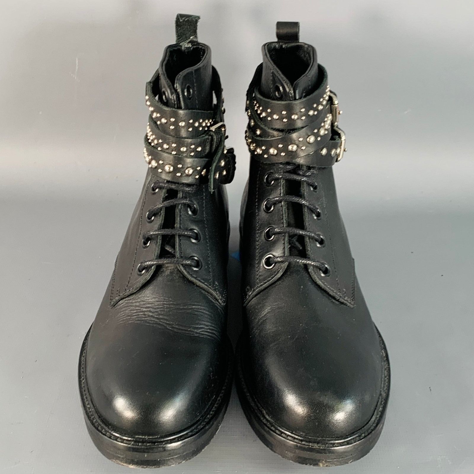 Maje MAJE 7 Black Studded Leather Wrap Around Lace-Up Ankle Boots Size US 7 / IT 37 - 4 Thumbnail