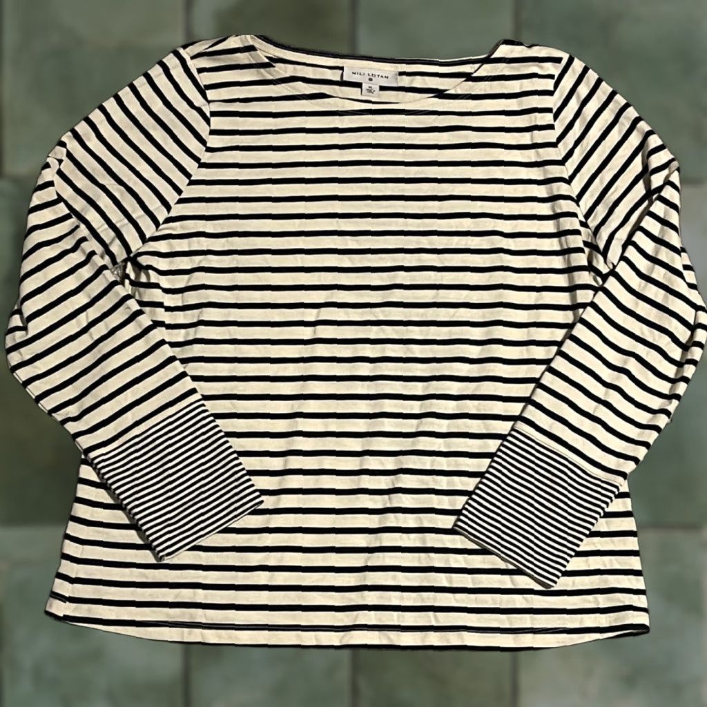 Nili Lotan Nili Lotan Target Striped Long Sleeve Shirt XL Boat Neck Cream Black Top Women Knit Jersey Cotton Blend Regular Modern All Seasons Collarless Size XL / US 12-14 / IT 48-50 - 1 Thumbnail