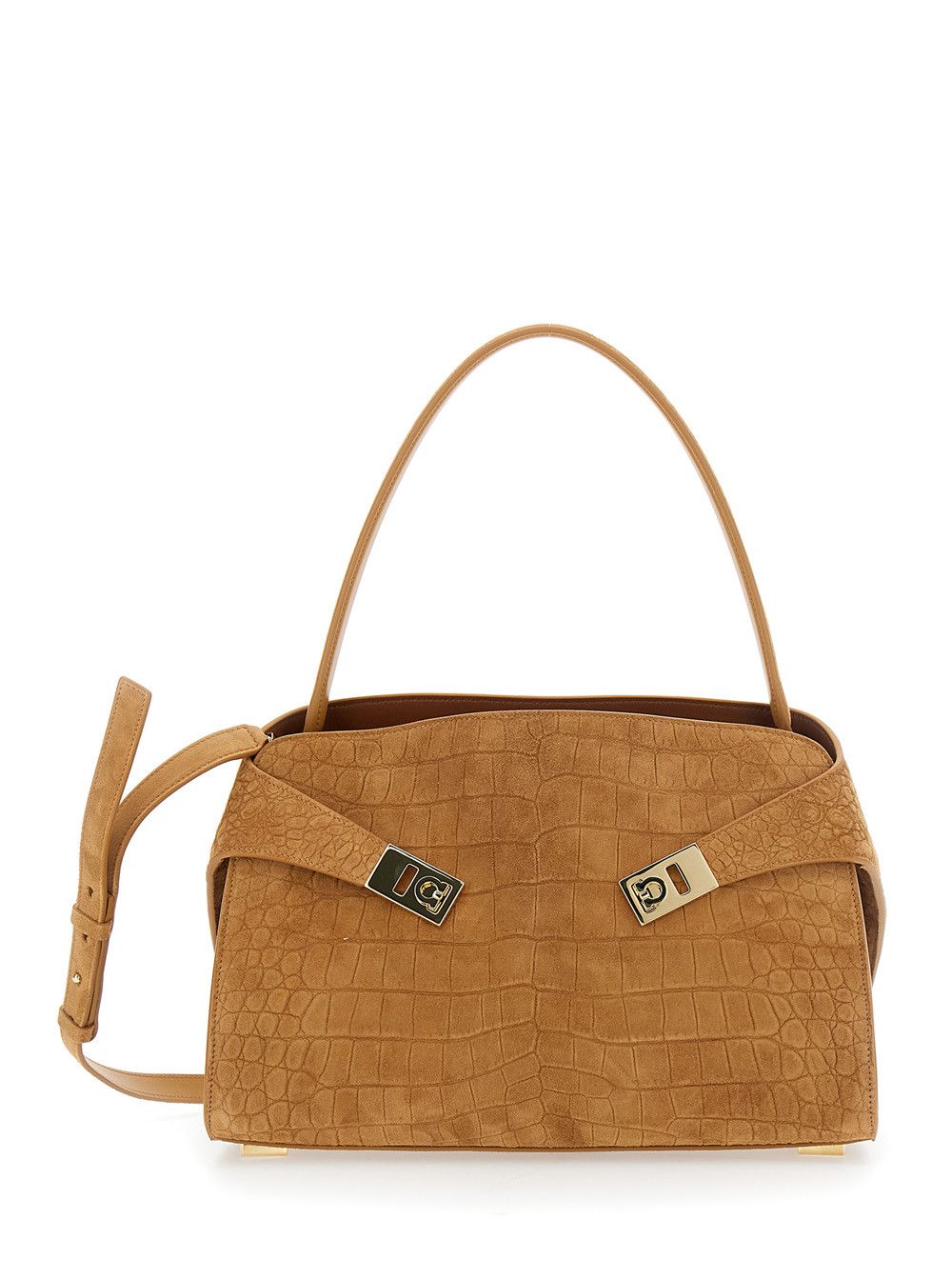 Salvatore Ferragamo Beige 'Ginevra' Shoulder Bag with Adjustable Strap and Crocodile-Embossed Effect in Suede for Women Size ONE SIZE - 1 Thumbnail