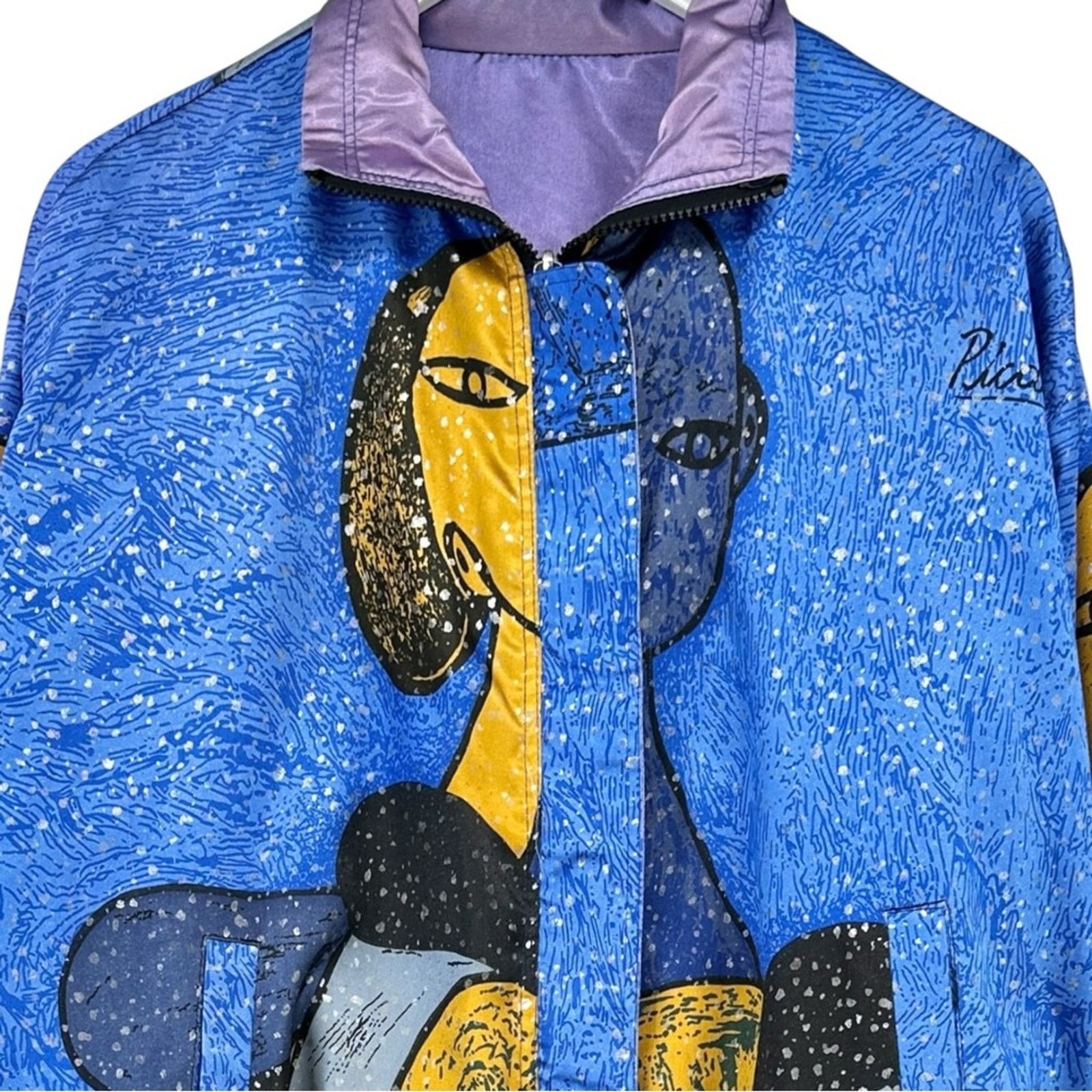 Vintage RARE Vintage Blue Purple Picasso Satin Zip Up Light Jacket Size US L / EU 52-54 / 3 - 5 Thumbnail