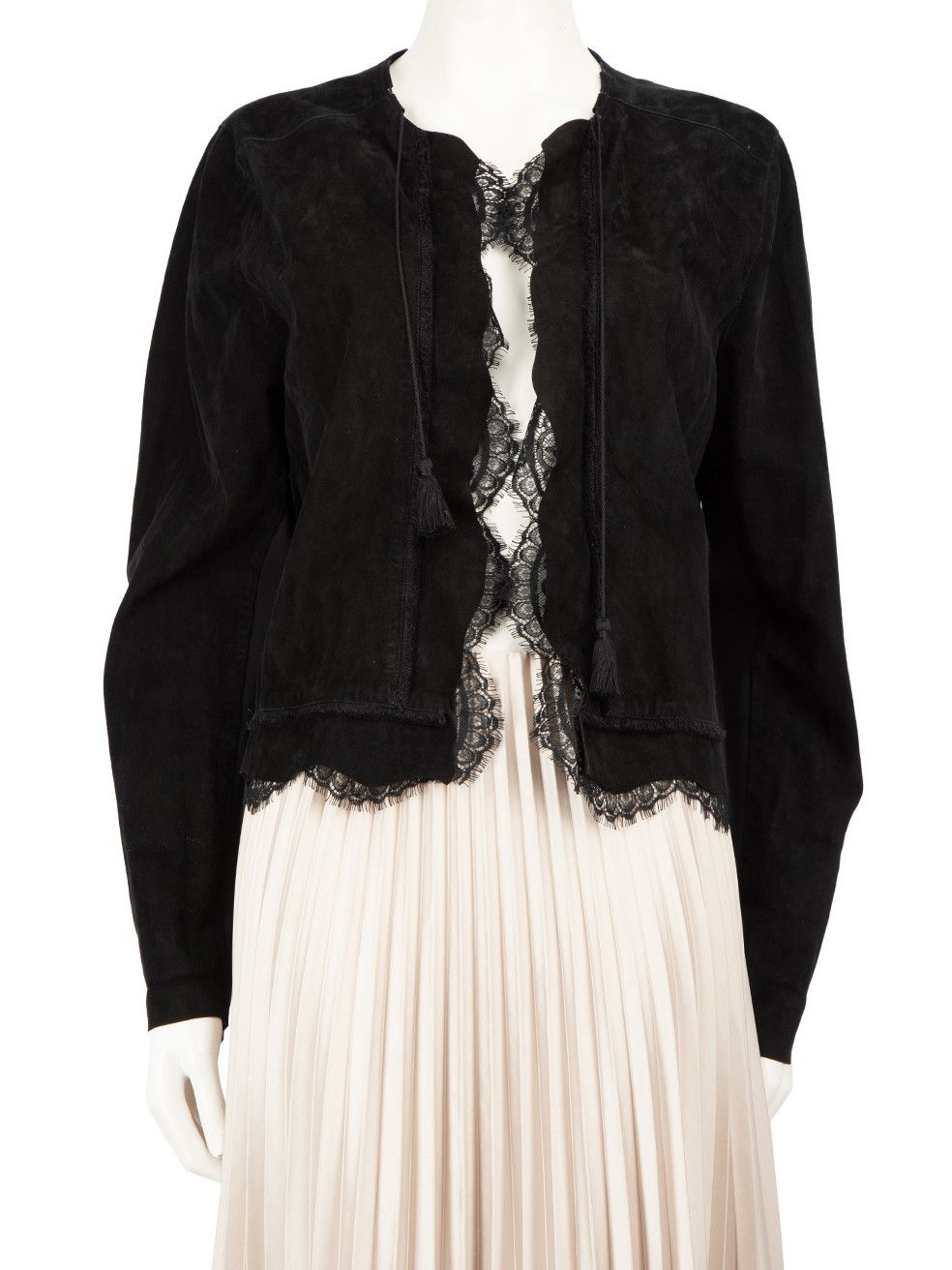 image of Elie Tahari Black Suede Lace Trim Jacket, Women's (Size Large)