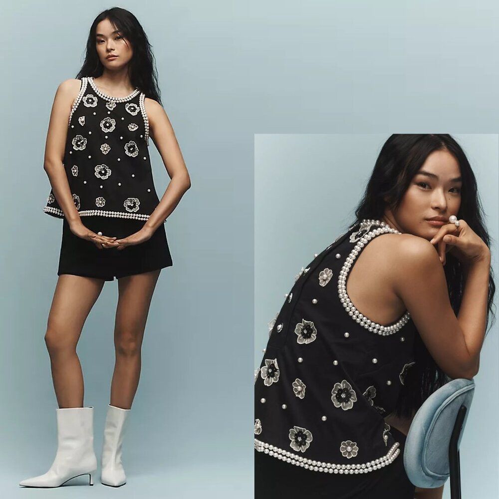 Anthropologie NWT New $158 Maeve 3D Flower Pearl Black Top Size XL Size XL / US 12-14 / IT 48-50 - 1 Thumbnail