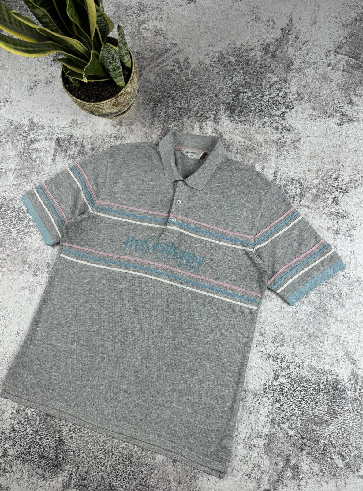 Yves Saint Laurent 90S Yves Saint Laurent YSL Striped Big Logo Polo T Shirt Tee Size US L / EU 52-54 / 3 - 3 Thumbnail
