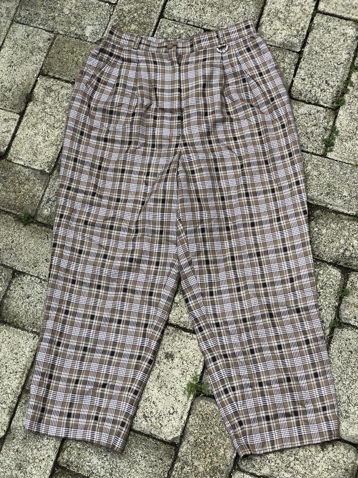 image of Christian Dior Monsieur x Dior 90's Classic Cd Sport High Waist Plaid Tapered Wool Trousers in Brow
