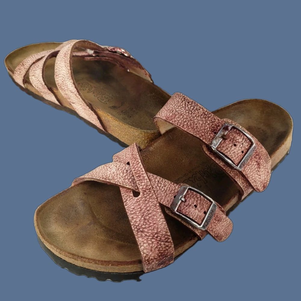 Birkenstock Birki's Birkenstock Two Strap Slip On Slides Sandals Pink Leather 6 Women 37 Tahiti Bohemian Sandal, Vintage? No Size US 6 / IT 36 - 1 Thumbnail