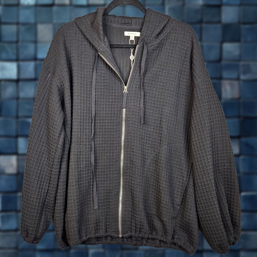 Vintage MAX STUDIO Women's Black Waffle-Knit Full Zip Cardigan Hoodie 1X NEW Size XL / US 12-14 / IT 48-50 - 1 Thumbnail