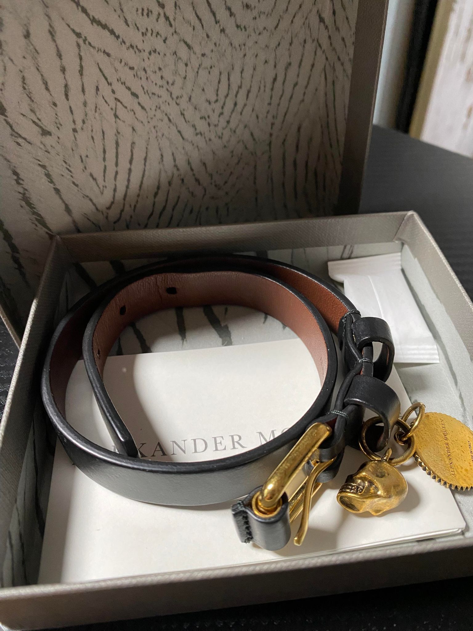 image of Alexander Mcqueen Black & Gold Skull Double Wrap Bracelet, Men's