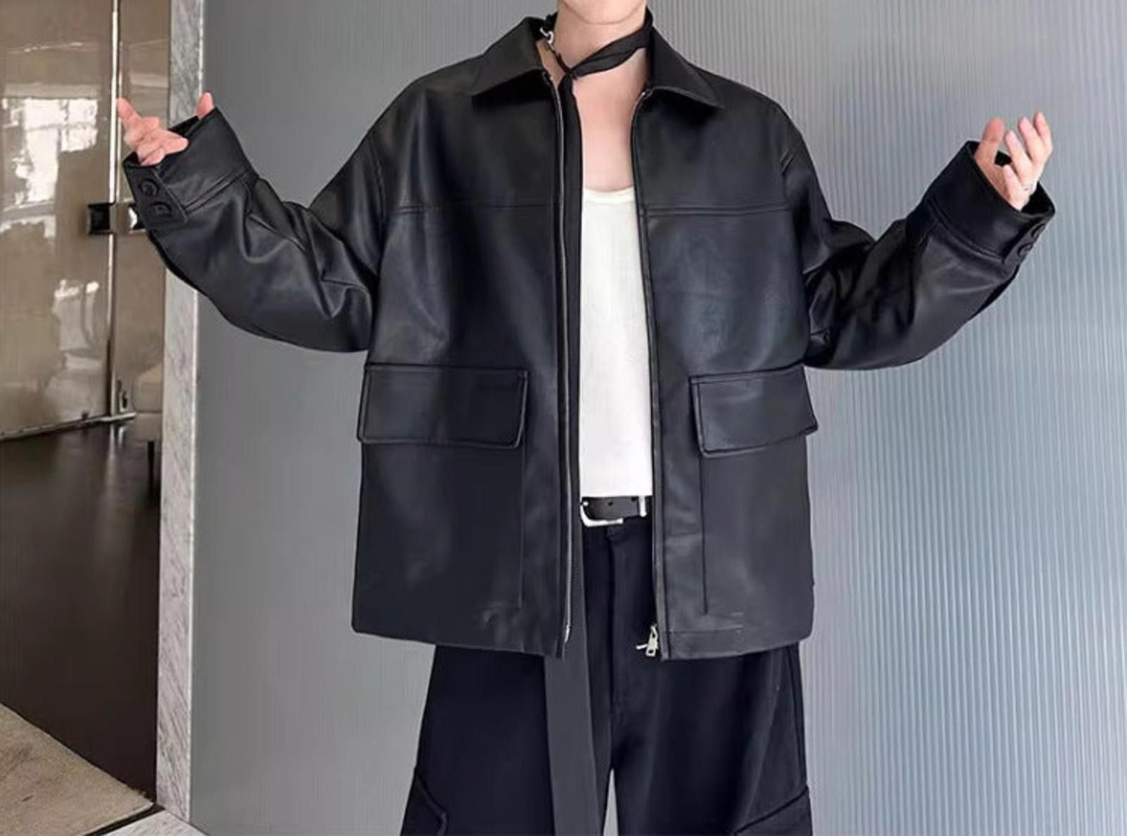 Leather Black Oversized Faux Leather Jackets, Men's Outerwear Size US M / EU 48-50 / 2 - 1 Thumbnail