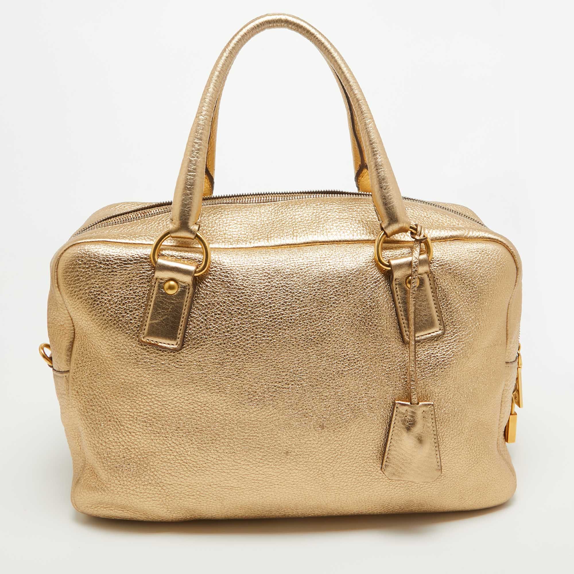 image of Prada Gold Vitello Daino Leather Large Bauletto Bag, Women's