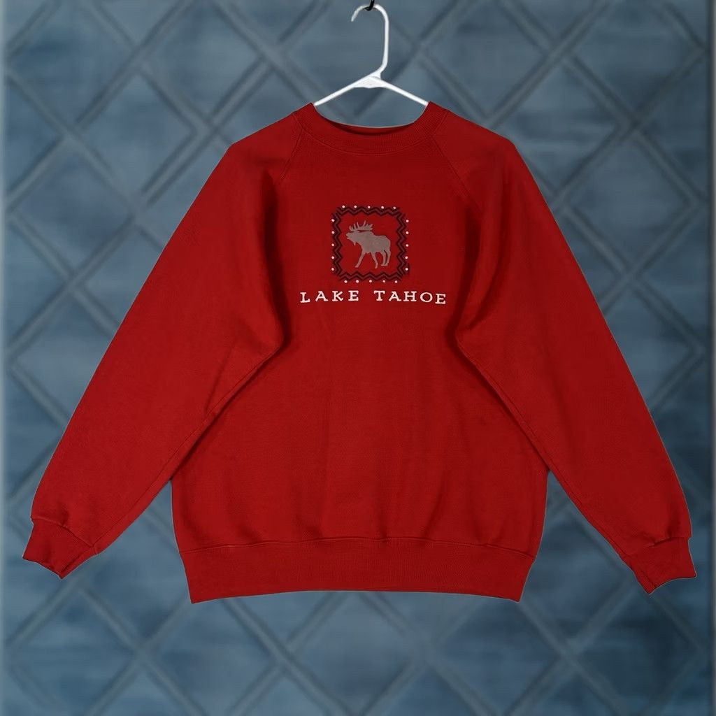 Hanes VINTAGE Hanes Sweatshirt Lakes Tahoe Lake Tahoe Moose 90s USA Mens Large Red Graphic Print Crew Neck Wool Blend Fleece Pullover Winter Fall Size US L / EU 52-54 / 3 - 1 Thumbnail